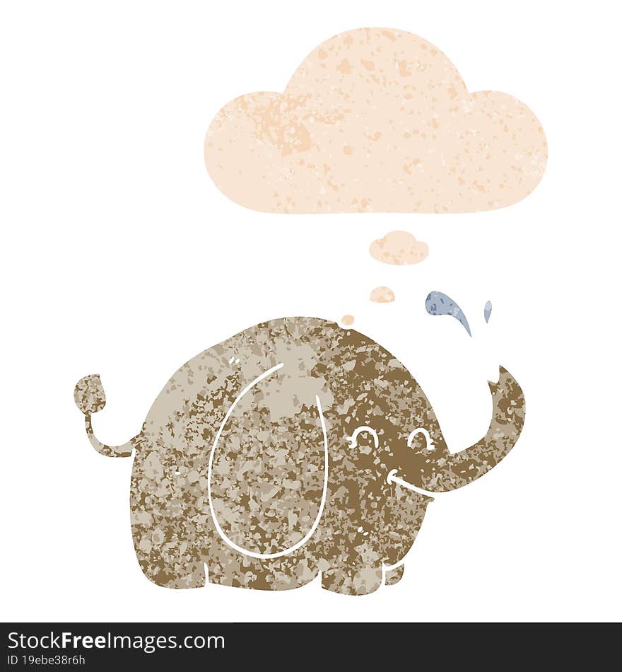 cartoon elephant and thought bubble in retro textured style