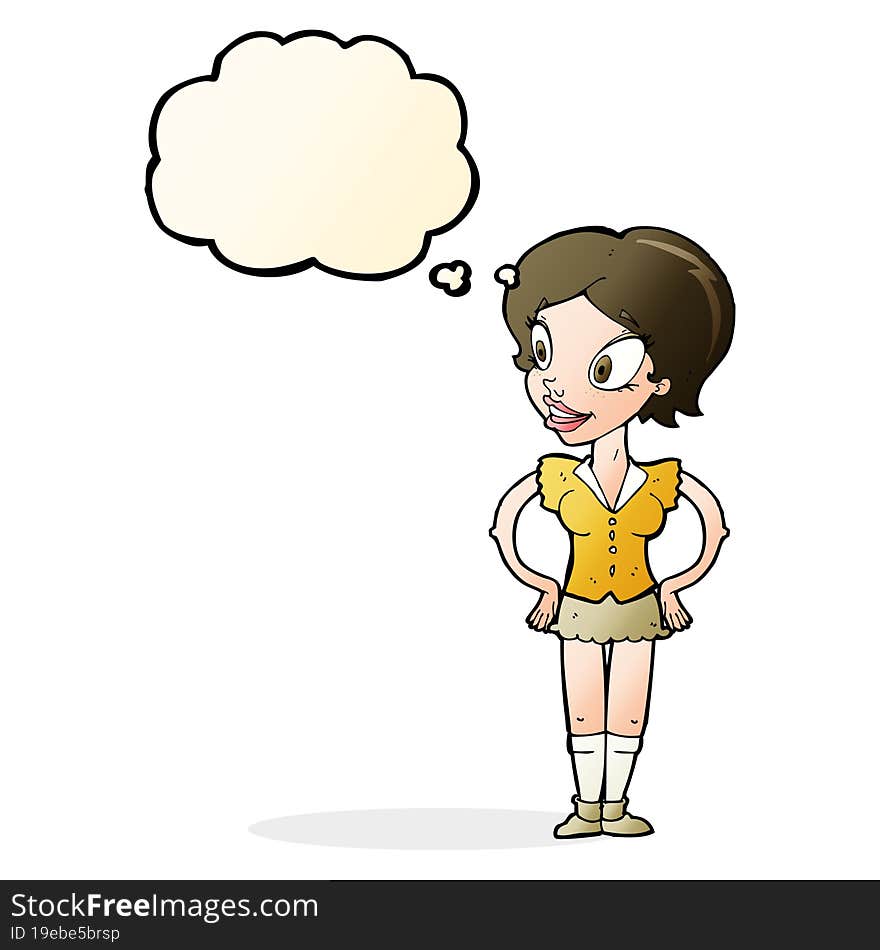 cartoon happy woman in short skirt with thought bubble