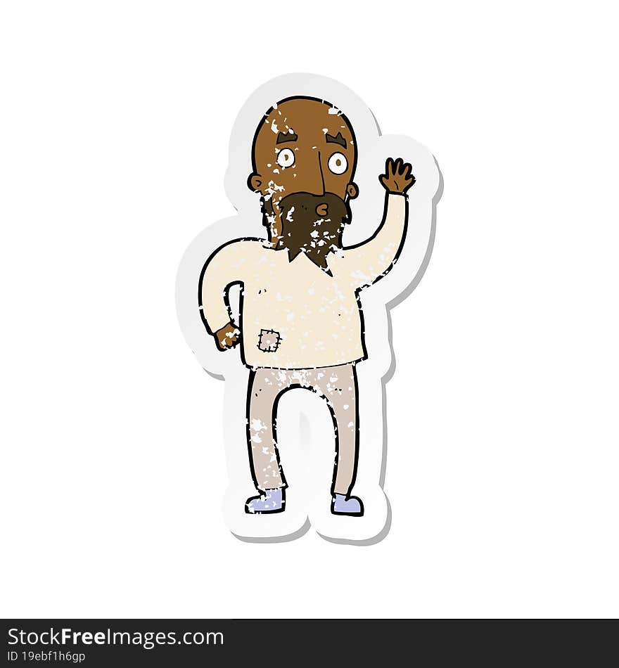 retro distressed sticker of a cartoon bearded man waving