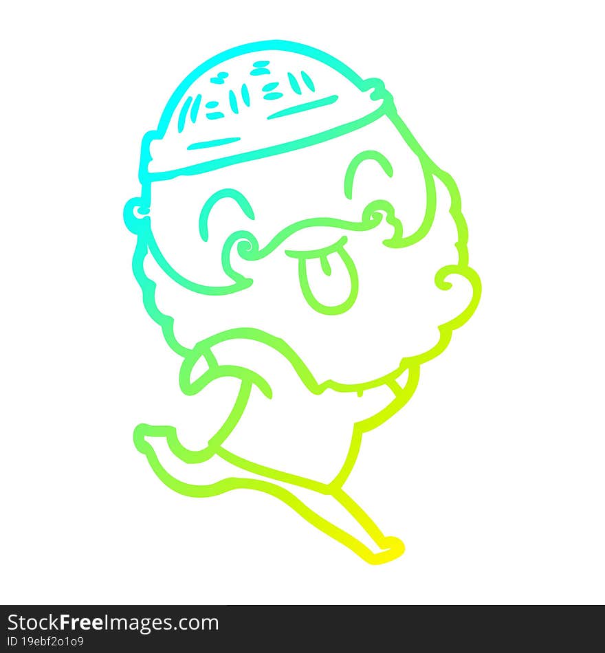 cold gradient line drawing of a running man with beard sticking out tongue