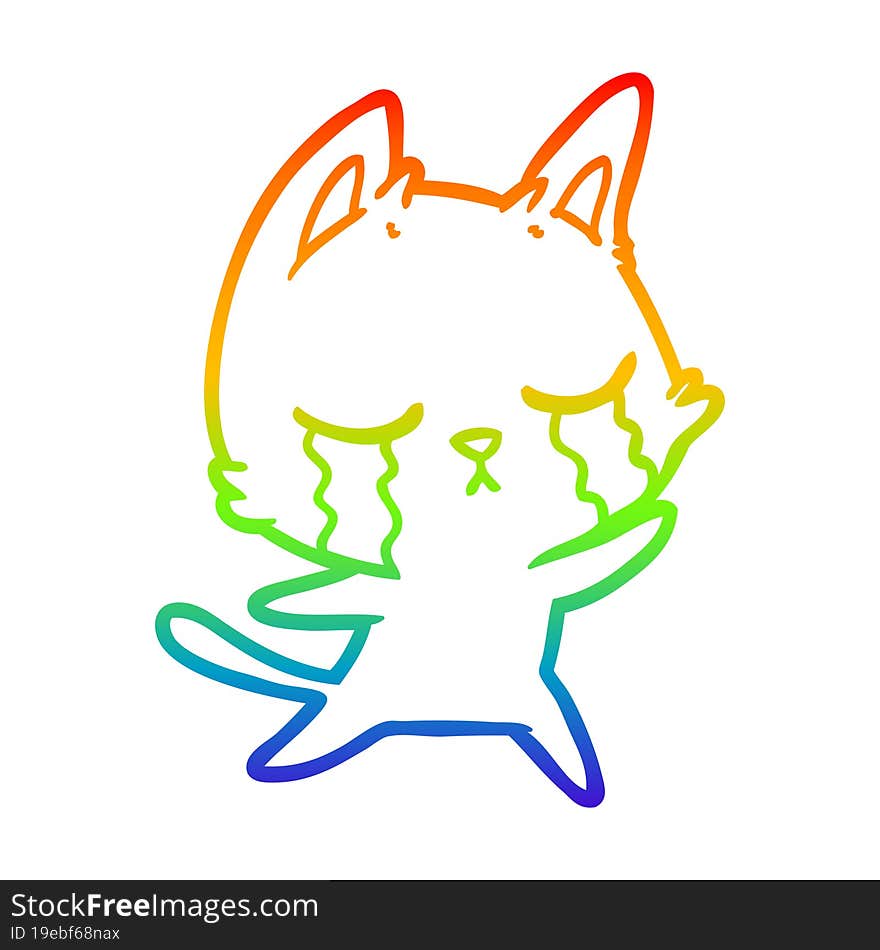 rainbow gradient line drawing of a crying cartoon cat