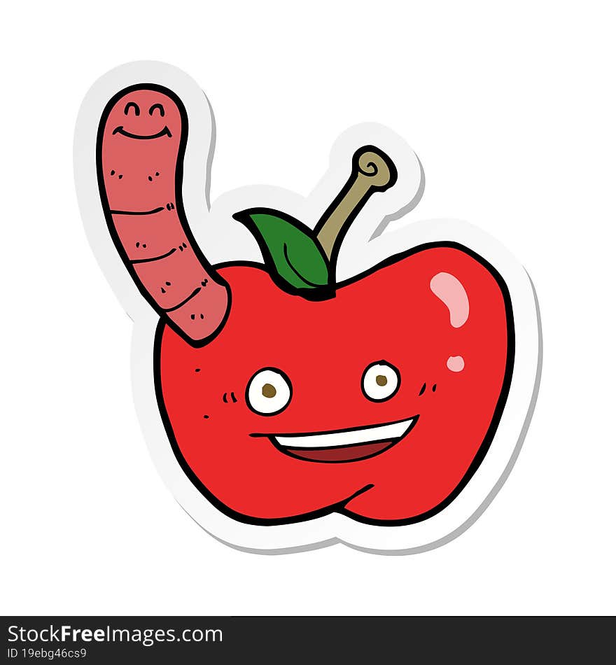 Sticker Of A Cartoon Apple With Worm