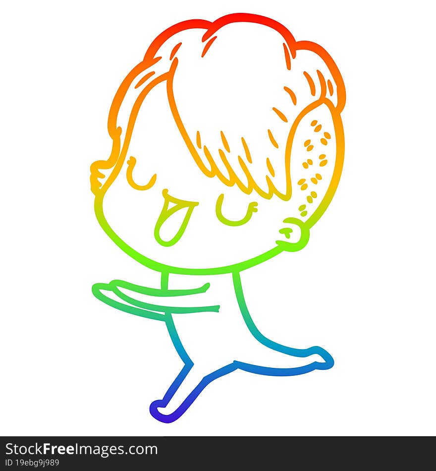 rainbow gradient line drawing of a cute cartoon girl with hipster haircut