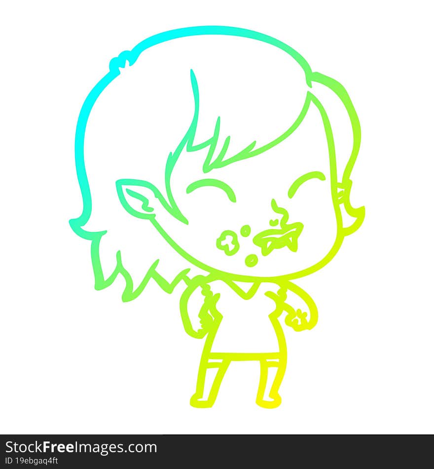 Cold Gradient Line Drawing Cartoon Vampire Girl With Blood On Cheek