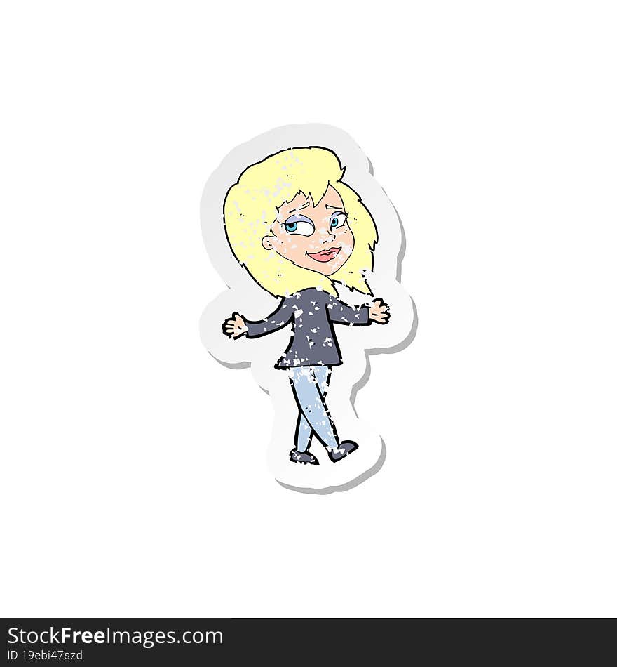 retro distressed sticker of a stress free woman cartoon