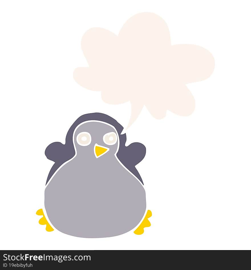 cartoon penguin and speech bubble in retro style