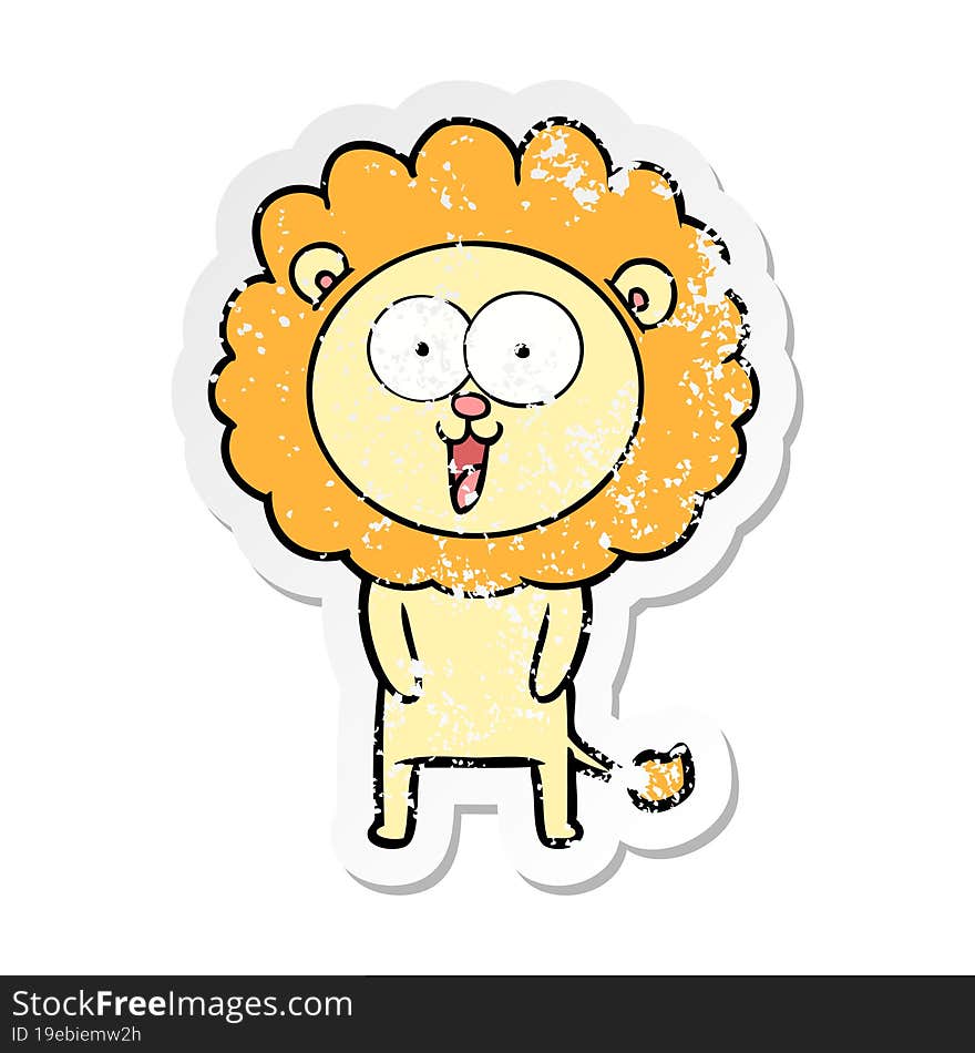 distressed sticker of a happy cartoon lion