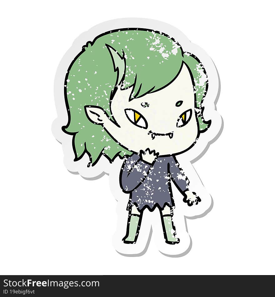 distressed sticker of a cartoon friendly vampire girl considering