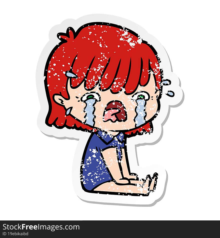 distressed sticker of a cartoon girl crying