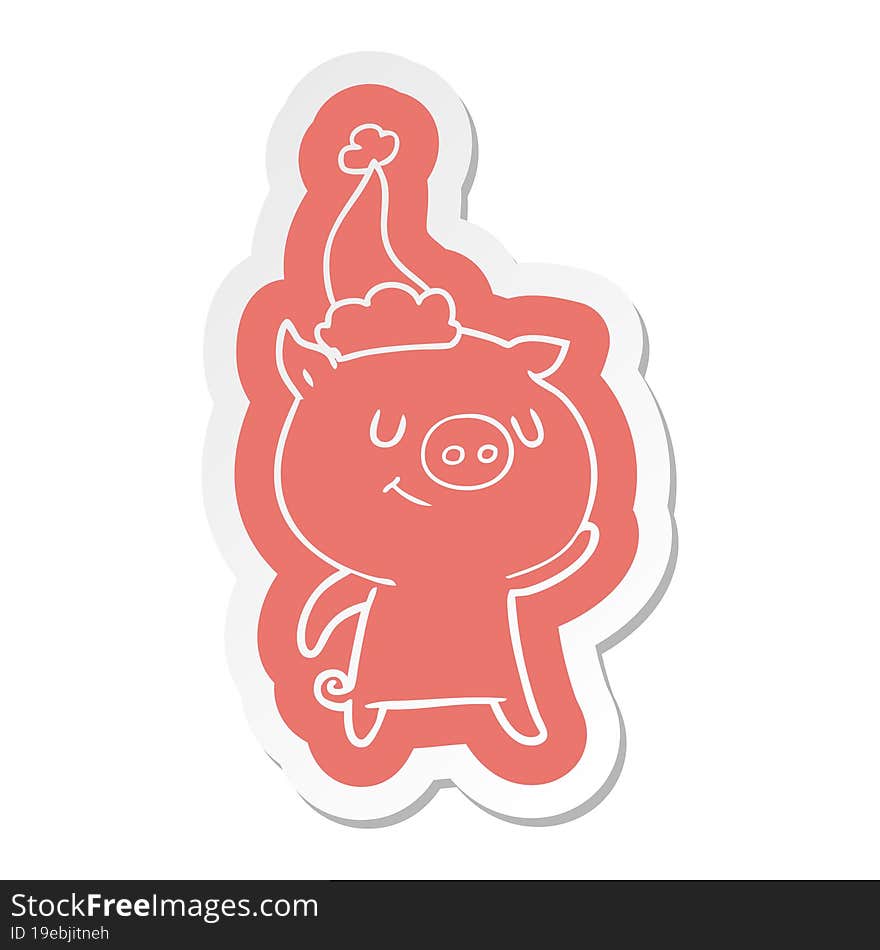 Happy Cartoon  Sticker Of A Pig Wearing Santa Hat