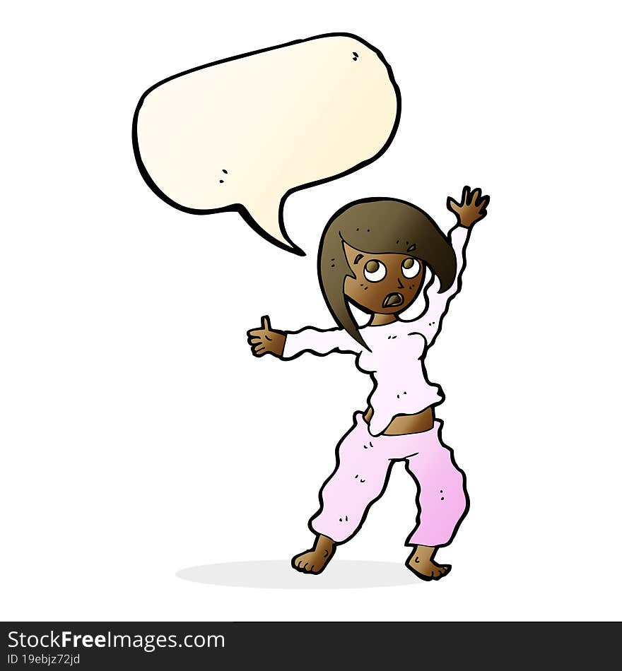 cartoon frightened woman with speech bubble