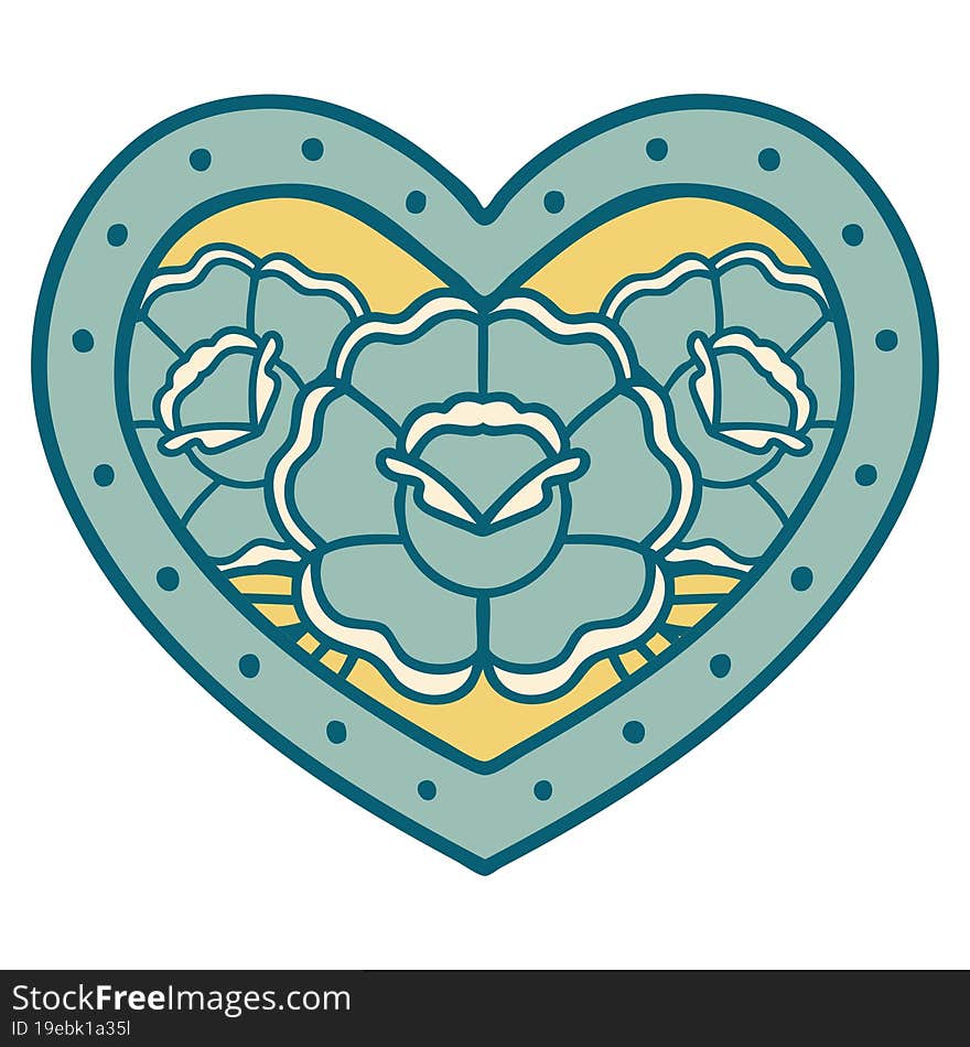 iconic tattoo style image of a heart and flowers. iconic tattoo style image of a heart and flowers