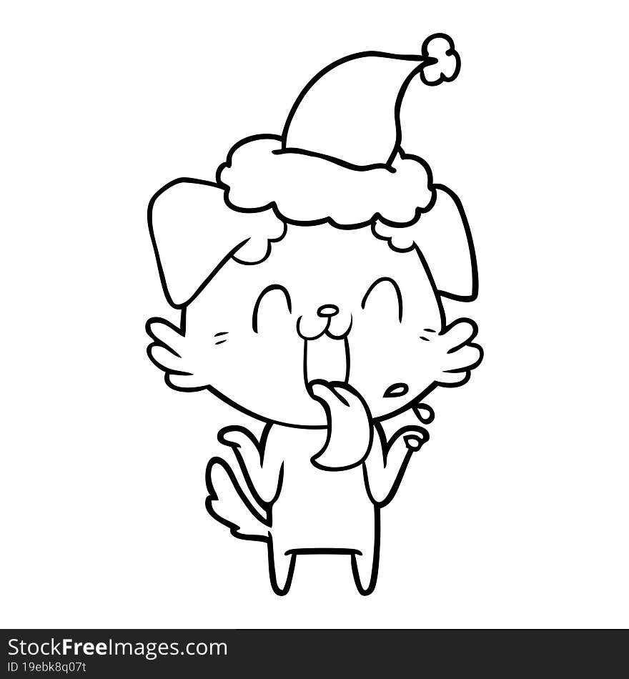 Line Drawing Of A Panting Dog Shrugging Shoulders Wearing Santa Hat