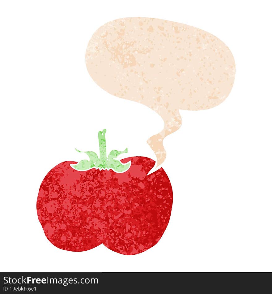 cartoon tomato and speech bubble in retro textured style