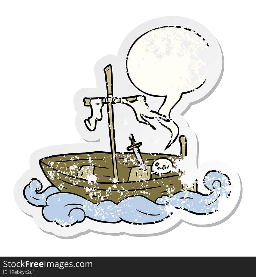 cartoon old shipwrecked boat with speech bubble distressed distressed old sticker. cartoon old shipwrecked boat with speech bubble distressed distressed old sticker