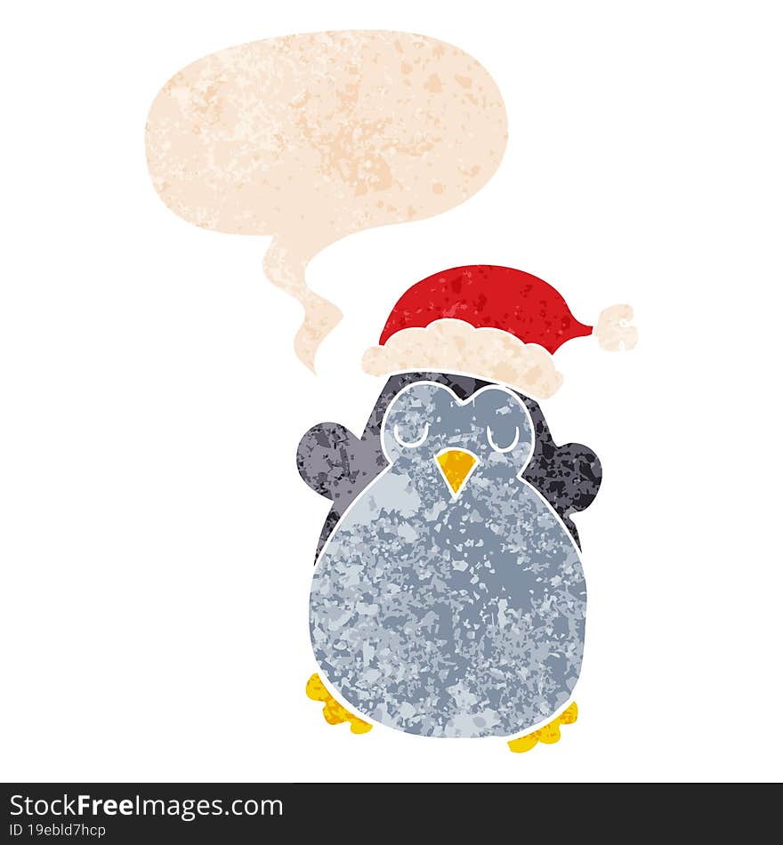 cute christmas penguin and speech bubble in retro textured style