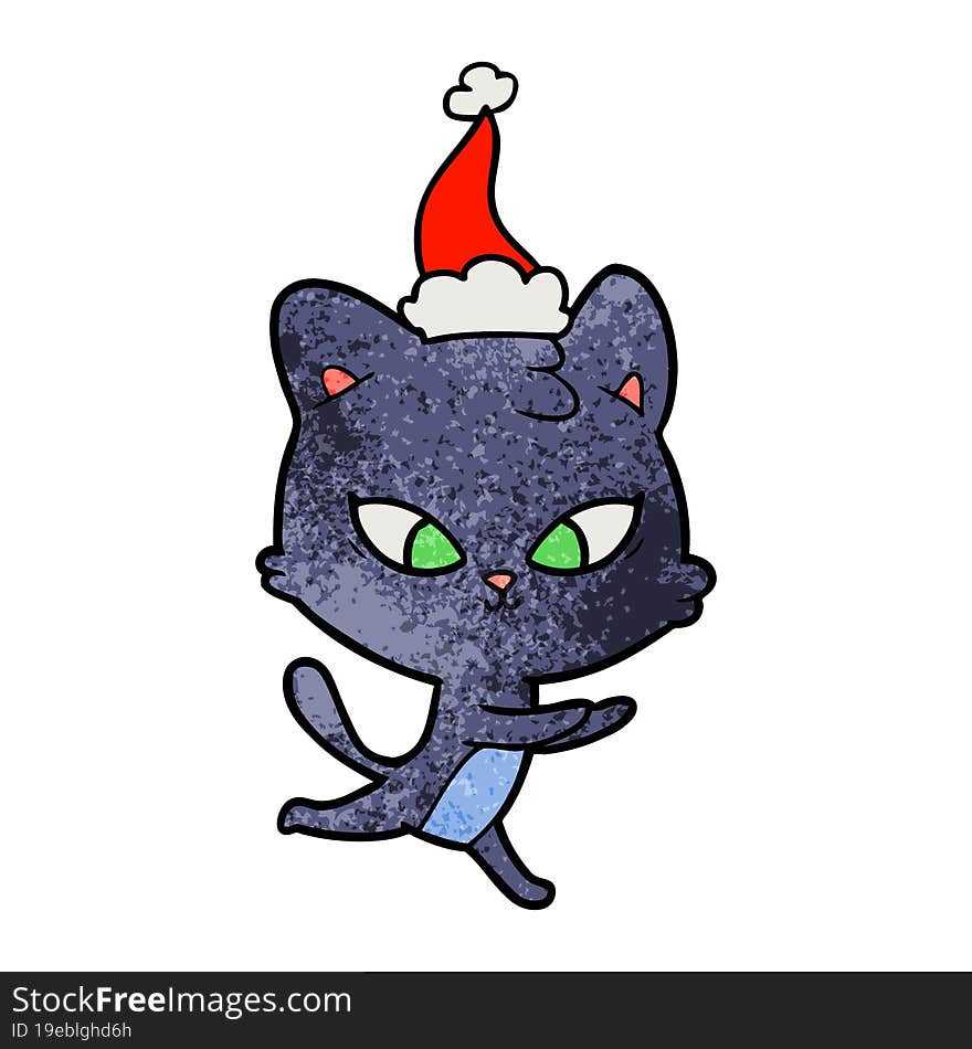 cute textured cartoon of a cat wearing santa hat