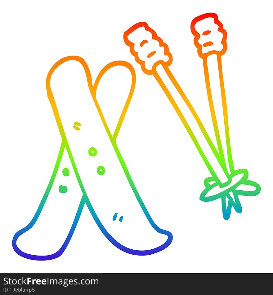 rainbow gradient line drawing cartoon ski and poles