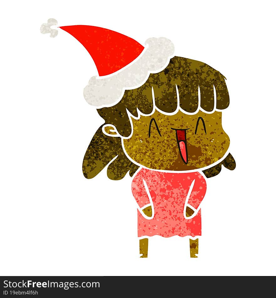 hand drawn retro cartoon of a woman wearing santa hat