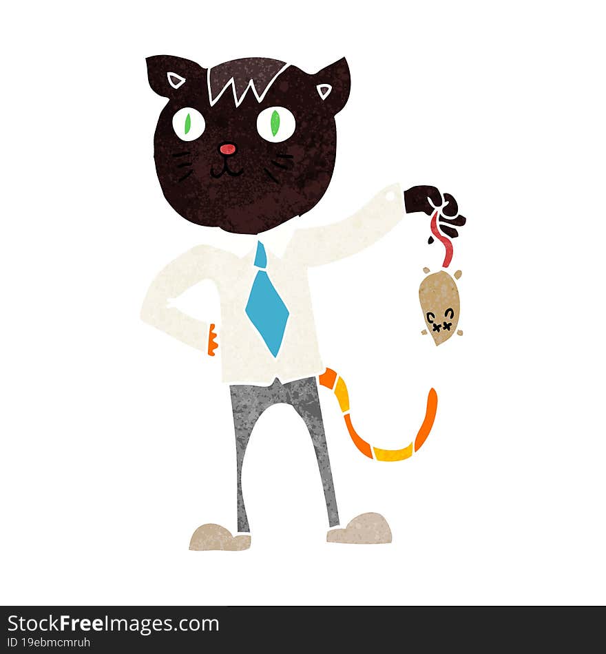 cartoon business cat with dead mouse