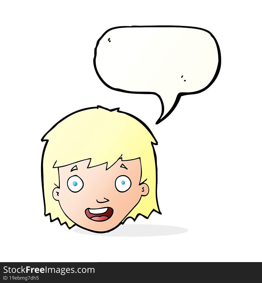 cartoon happy female face with speech bubble