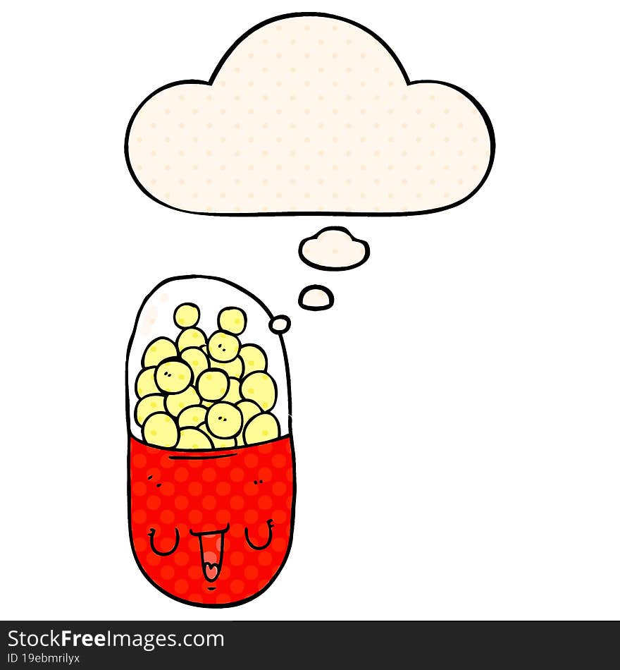 cartoon medical pill with thought bubble in comic book style