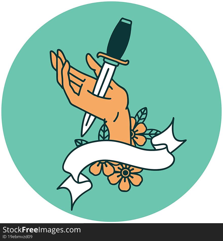 tattoo style icon with banner of a dagger in the hand