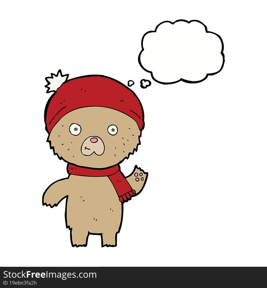 cartoon waving teddy bear with thought bubble