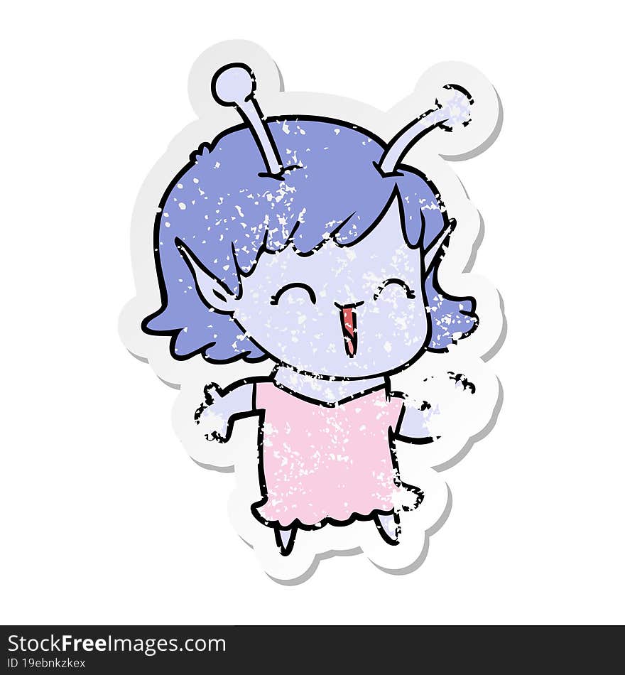 distressed sticker of a cartoon alien girl laughing