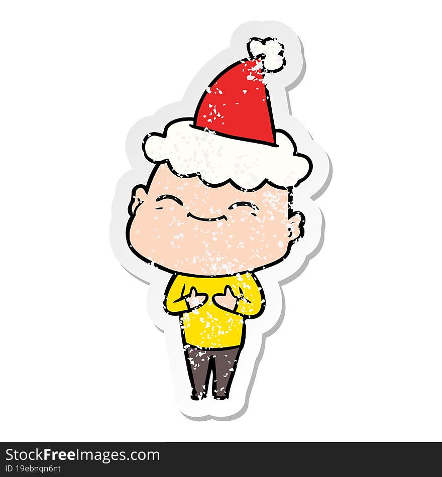 happy distressed sticker cartoon of a bald man wearing santa hat