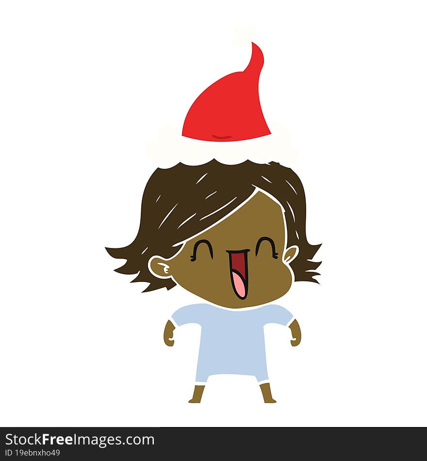 flat color illustration of a happy woman wearing santa hat