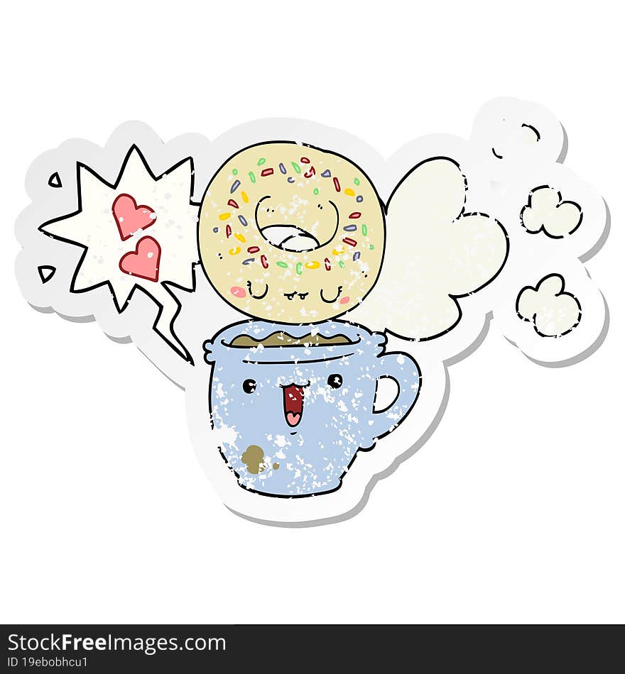 cute cartoon donut and coffee and speech bubble distressed sticker