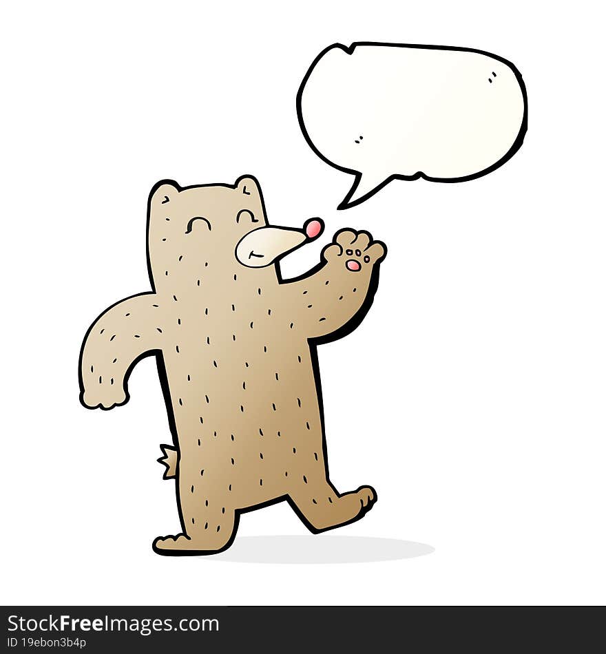 cartoon waving bear with speech bubble