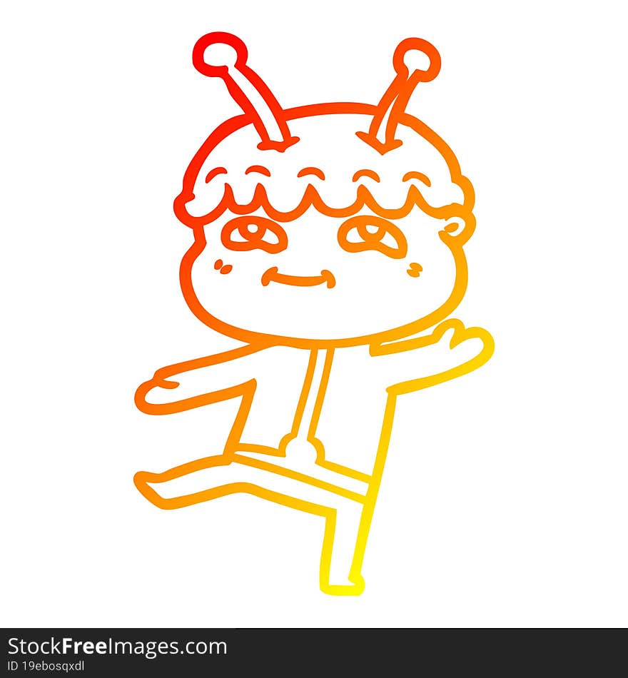 warm gradient line drawing of a friendly cartoon spaceman dancing