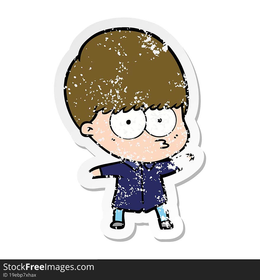 distressed sticker of a curious cartoon boy