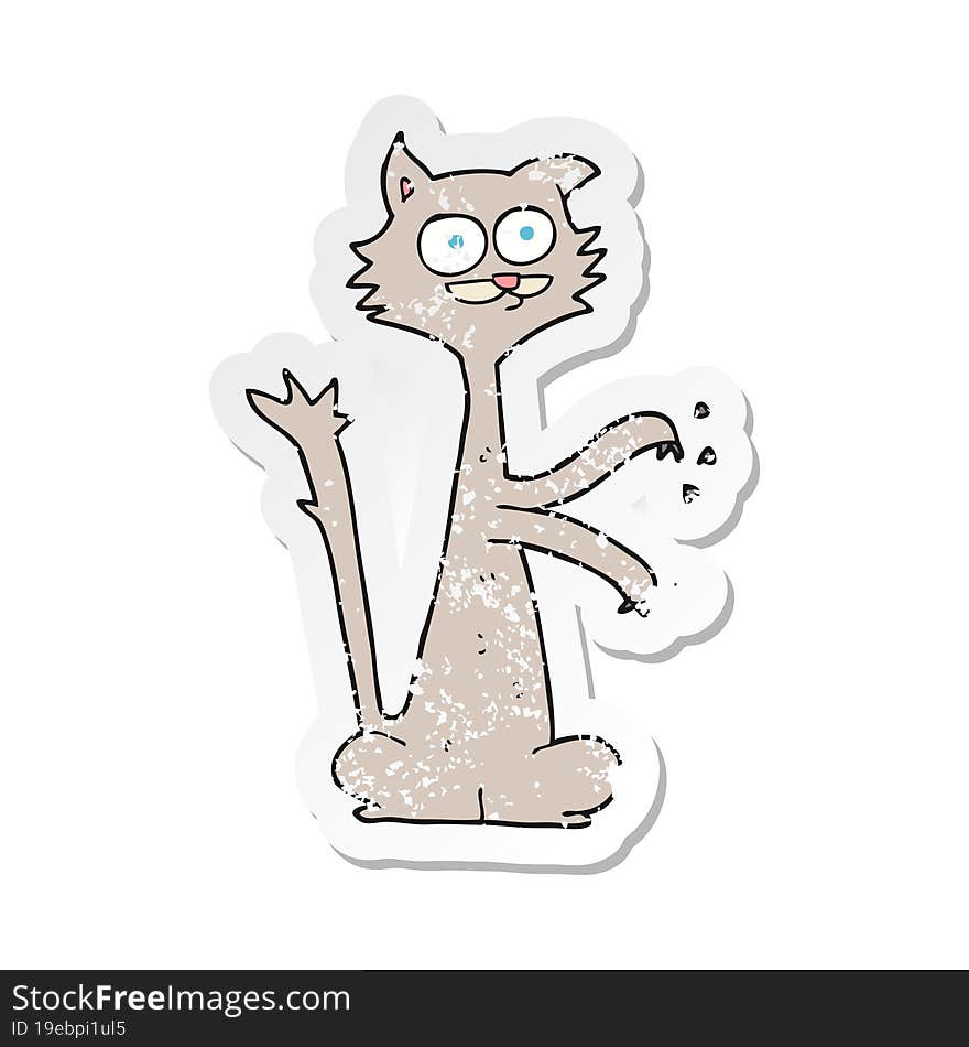 Retro Distressed Sticker Of A Cartoon Cat Scratching