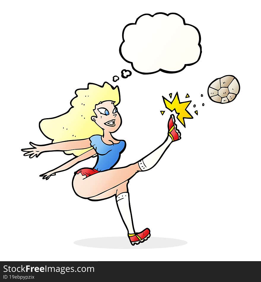 cartoon female soccer player kicking ball with thought bubble