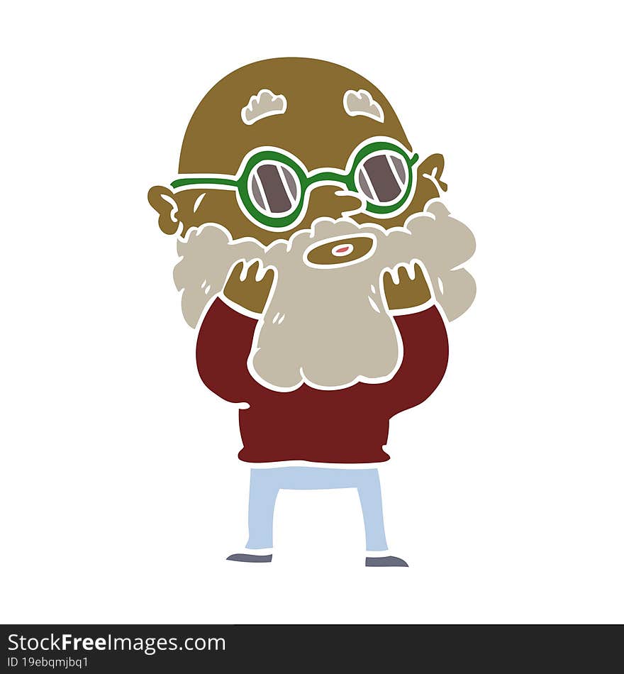 flat color style cartoon curious man with beard and sunglasses