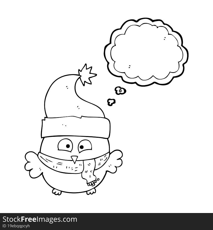 Thought Bubble Cartoon Owl Wearing Christmas Hat