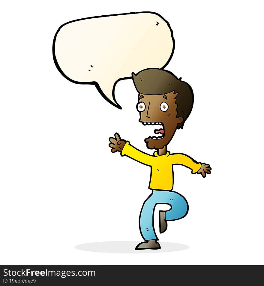 cartoon terrified man with speech bubble