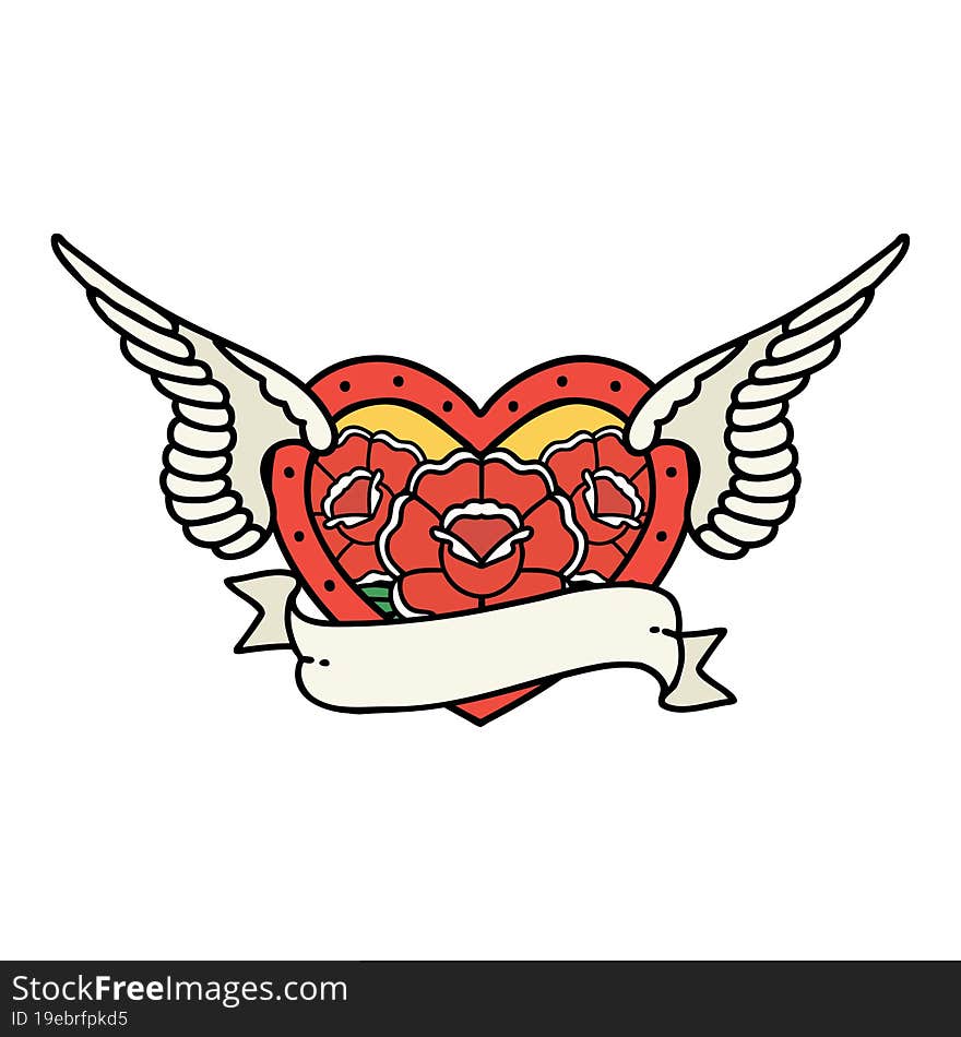 traditional tattoo of a flying heart with flowers and banner