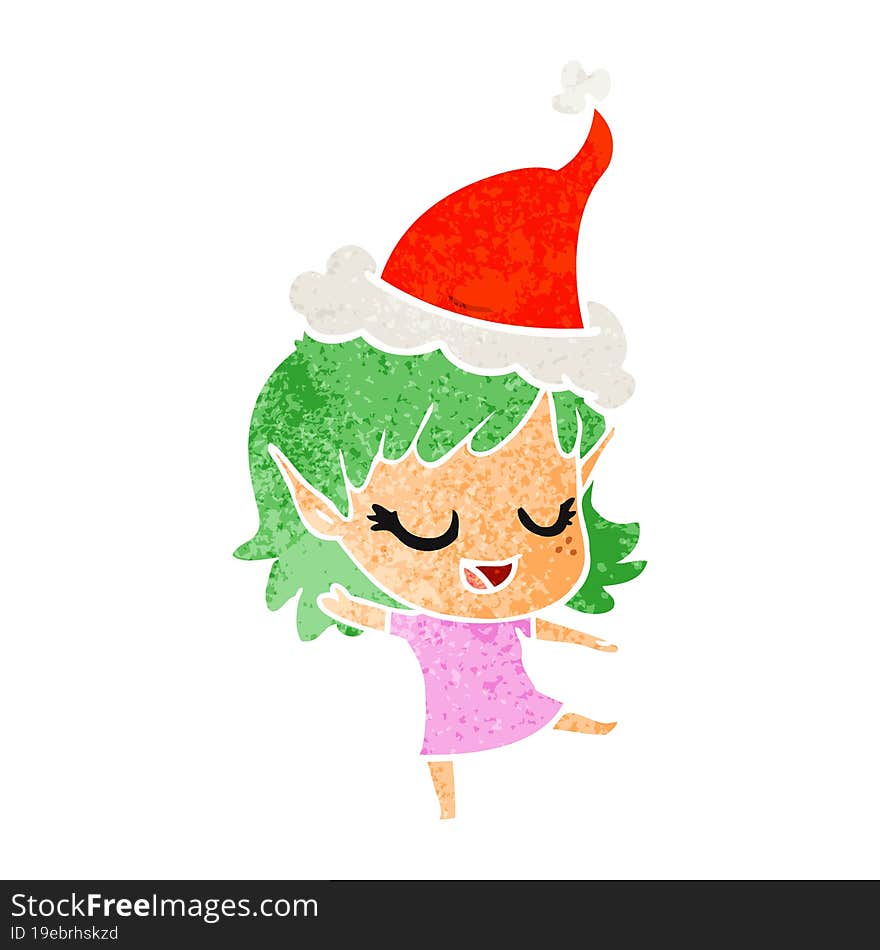 happy retro cartoon of a elf girl wearing santa hat