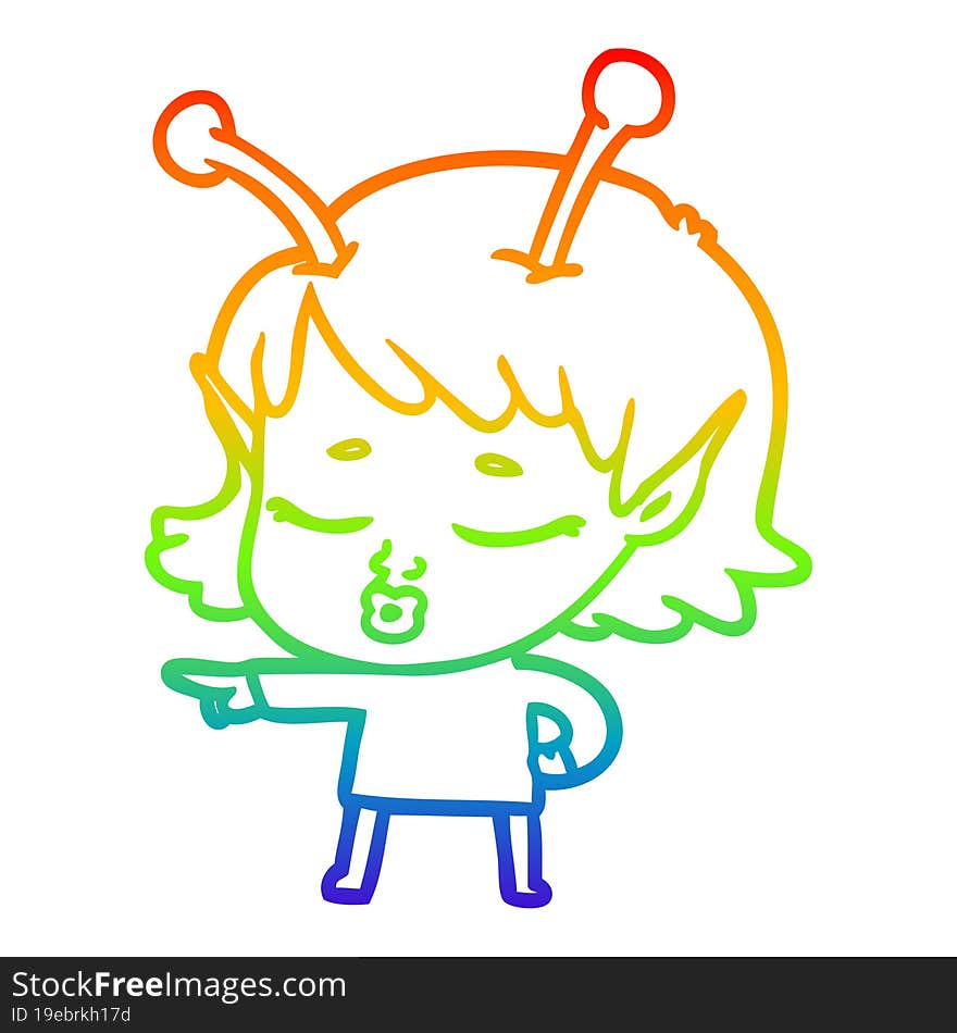 Rainbow Gradient Line Drawing Cute Alien Girl Cartoon Pointing