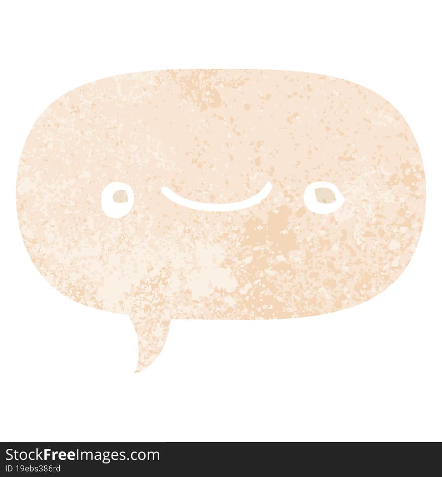 happy cartoon face and speech bubble in retro textured style