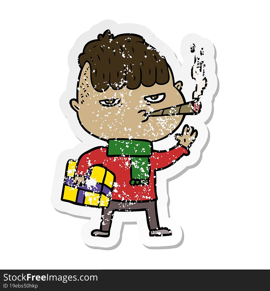 Distressed Sticker Of A Cartoon Man Smoking Carrying Christmas Gift