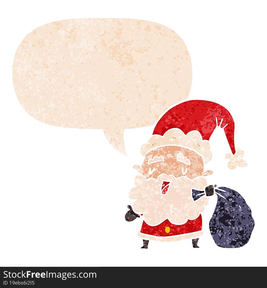 cartoon santa claus with sack and speech bubble in retro textured style