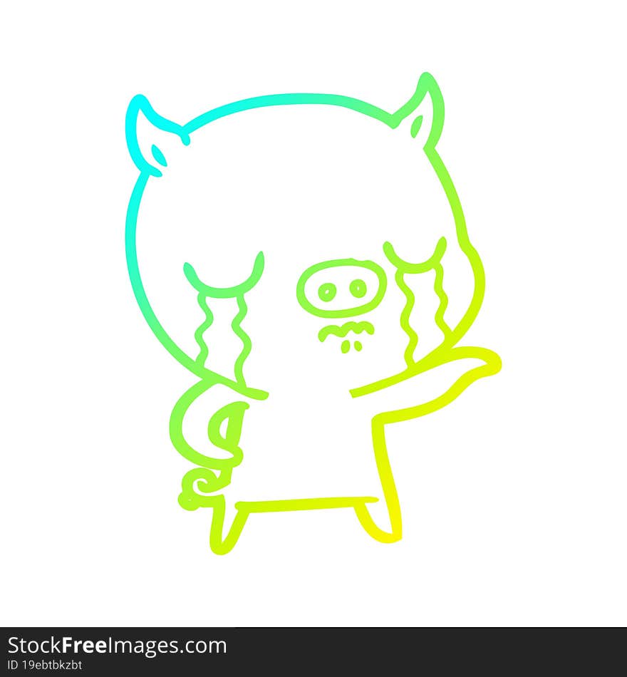 cold gradient line drawing cartoon pig crying pointing