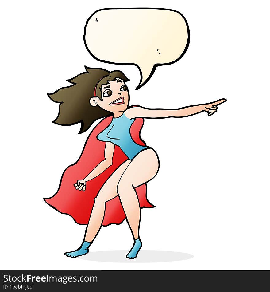 Cartoon Superhero Woman Pointing With Speech Bubble