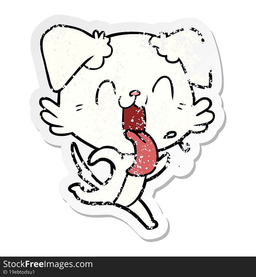 distressed sticker of a cartoon panting dog running