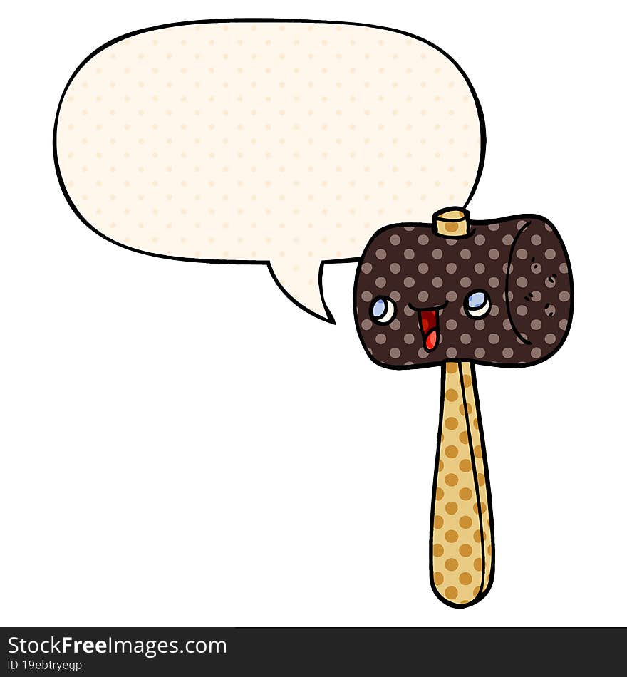 cartoon mallet and speech bubble in comic book style